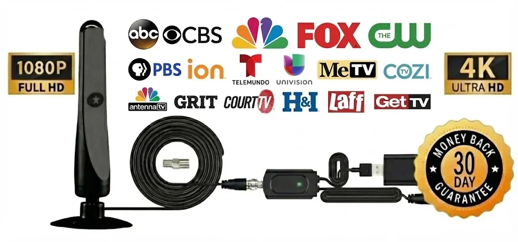 FreeView HD Antenna with TV channel logos including ABC, CBS, NBC, FOX, CW, PBS and more - 1080P Full HD, 4K Ultra HD, 30 Day Money Back Guarantee